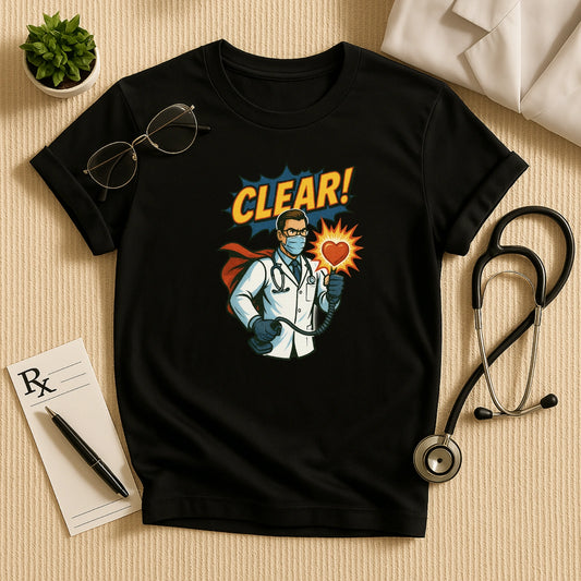 CLEAR! Hero Doctor T-shirt – Comic Style Surgeon Edition
