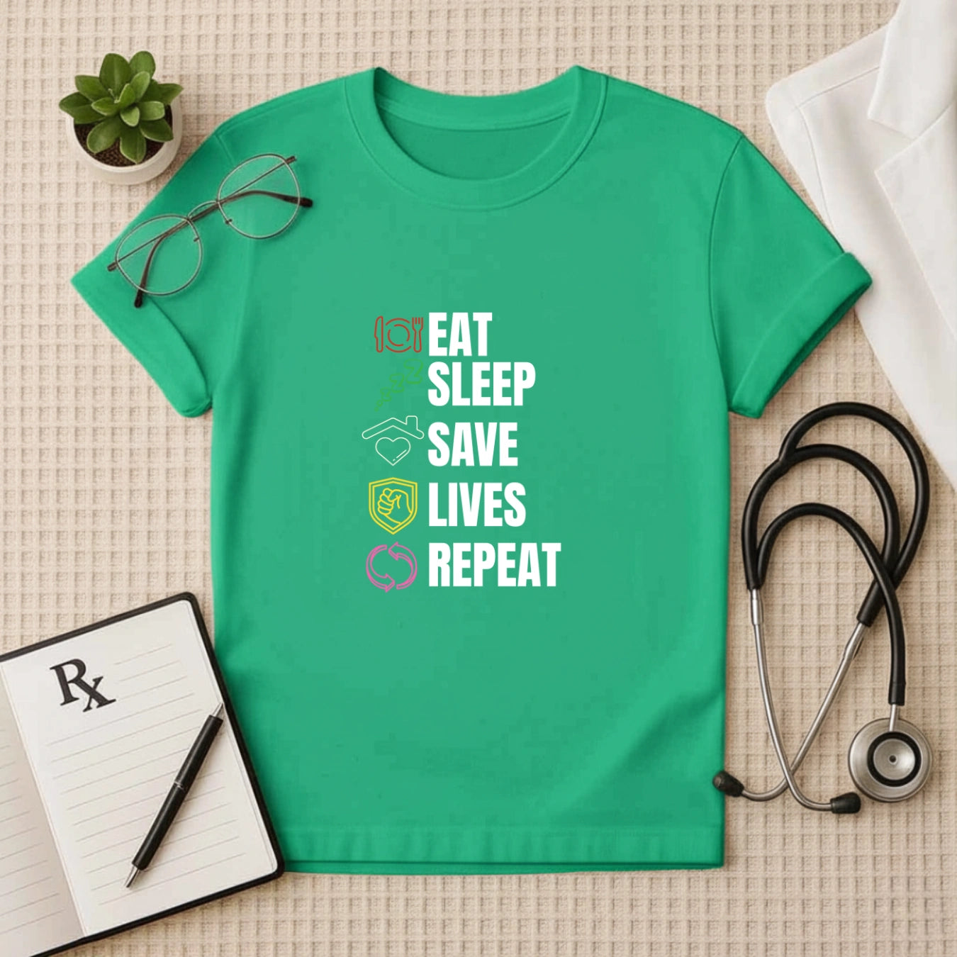 Eat Sleep Save Lives Repeat – Doctor Duty T-shirt