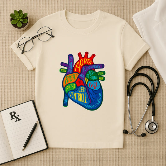 Colorful Anatomical Heart T-shirt for Doctors & Med Students