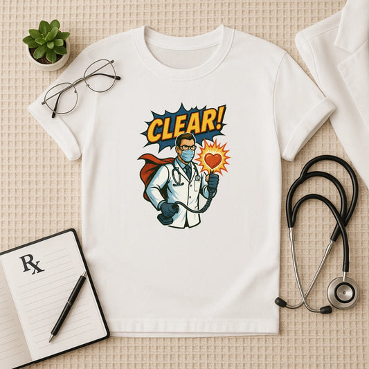 CLEAR! Hero Doctor T-shirt – Comic Style Surgeon Edition