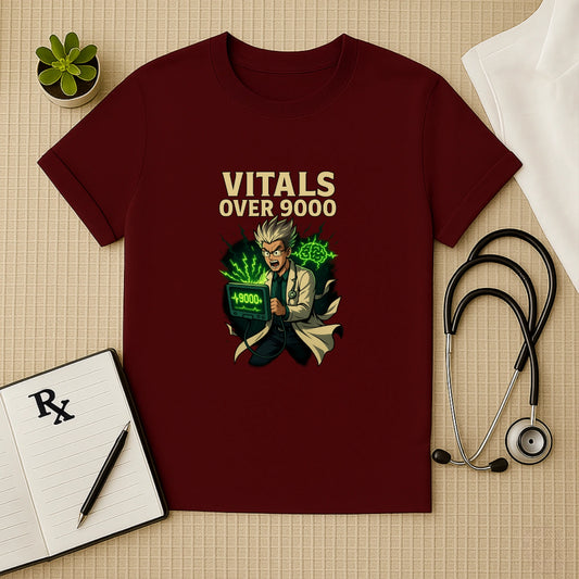 Vitals Over 9000 – Anime Doctor T-shirt for Medicos & Healthcare Heroes