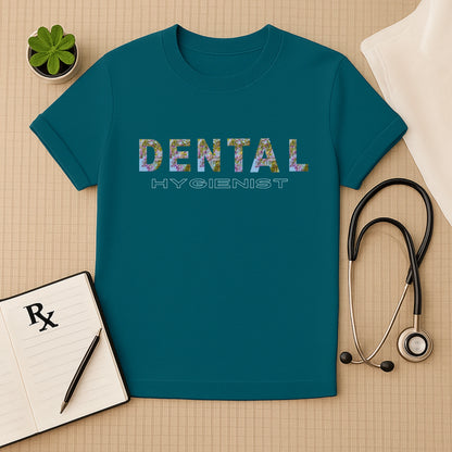 DENTAL HYGIENIST: Floral Print Dentist T-Shirt